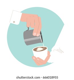 Barista making latte or cappuccino art coffee with milk. Flat style. Vector illustration
