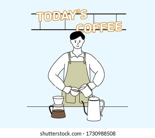 barista making latte at today's coffee shop illustration set. uniform, apron, drip, pot, sign. Vector drawing. Hand drawn style.