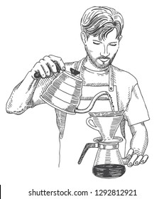 Barista making pour over brewing coffee. Hand drawing vector illustration. V60 dripper.