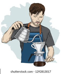 Barista making pour over brewing coffee. Hand drawing vector illustration. V60 dripper.