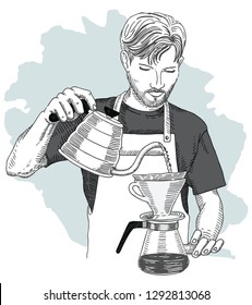 Barista making pour over brewing coffee. Hand drawing vector illustration. V60 dripper.