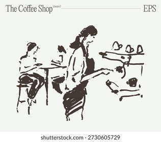 Barista que hace el vertido sobre la ilustración del bosquejo del café