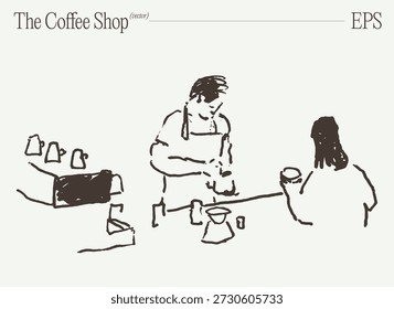 Barista que hace el vertido sobre la ilustración del bosquejo del café