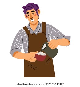 Barista male cartoon character pouring milk to coffee cup, flat vector illustration isolated on white background. Barista image coffee shop and takeaway cafe, coffee house.