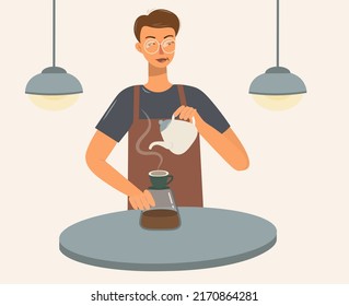 Barista male making coffee isolated flat cartoon character. Flat vector concept. A young man in an apron works in a bar, shop or cafe. Guy prepares espresso. Coffee shop.