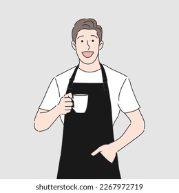 Barista man in black apron smiling and holding cup of coffee. Hand drawn style vector design illustrations.