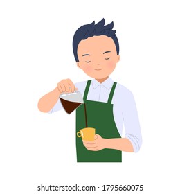 Barista man brew a coffee. Making of latte art. Coffee shop worker. Flat vector design isolated on white.