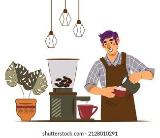 Barista man cartoon character preparing coffee, flat vector illustration isolated on white background. Barista working in coffee shop and takeaway cafe, coffee house.
