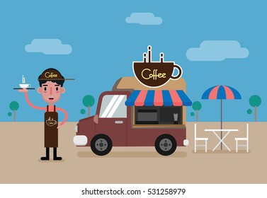 Barista man and coffee food truck. vector cartoon