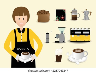 Barista Man and coffee machine making coffee drinks coffee machine, pot, cup, bean isolated vector Stock Illustration.