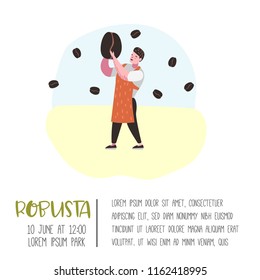 Barista Man Flat Character in Coffee Shop. Cartoon Cafe Staff with Coffee Beans for Poster, Banner. Vector illustration