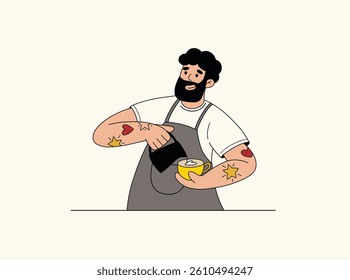 Barista man make cappuccino vector doodle illustration