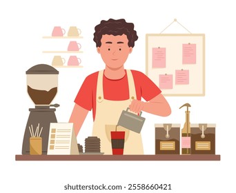 Barista Man Making Coffee at Bar Counter in Coffee Shop