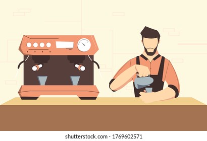 Barista man making a cup of coffee flat design vector