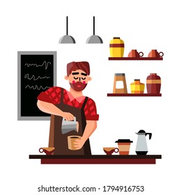 Barista Man Making Cup Of Coffee Hot Drink Vector. Smiling Barista Prepare Aromatic Energy Cappuccino Or Latte. Character Cafe Worker Adding Milk In Beverage Flat Cartoon Illustration