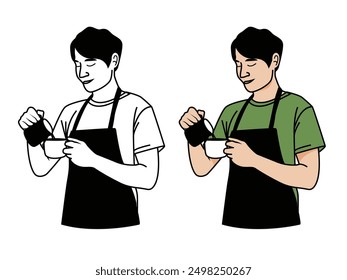 Barista Man Pouring Milk Jug, Barista Making Coffee Latte Vector with outline Black and White and Green Color Illustration