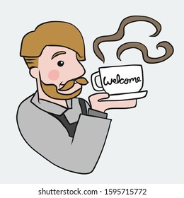 Barista man serving coffee cup cartoon vector illustration