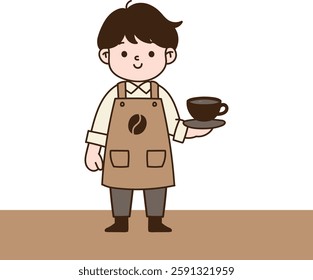 Barista man wearing an apron, holding coffee. minimal line art vector illustration.