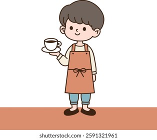 Barista man wearing an apron, holding coffee. minimal line art vector illustration.