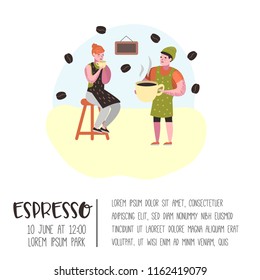 Barista Man and Woman Flat Characters in Coffee Shop. Cartoon Cafe Staff with Cup, Mug and Coffee Beans for Poster, Banner. Vector illustration