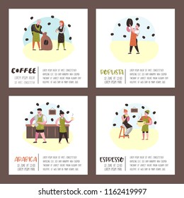 Barista Man and Woman Flat Characters in Coffee Shop. Cartoon Cafe Staff with Cup, Mug and Coffee Beans for Poster, Banner. Vector illustration