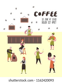 Barista Man and Woman Flat Characters in Coffee Shop. Cartoon Cafe Staff with Cup, Mug and Coffee Beans for Poster, Banner. Vector illustration