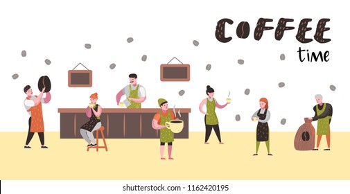 Barista Man and Woman Flat Characters in Coffee Shop. Cartoon Cafe Staff with Cup, Mug and Coffee Beans for Poster, Banner. Vector illustration