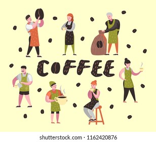 Barista Man and Woman Flat Characters in Coffee Shop. Cartoon Cafe Staff with Cup, Mug and Coffee Beans. Vector illustration