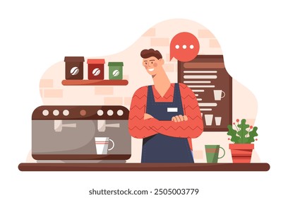 Barista man at workplace. Young guy in uniform stands near coffee machine. Catering service worker prepares hot drinks. Aroma and beverage. Macchiano and cappuccino. Flat vector illustration