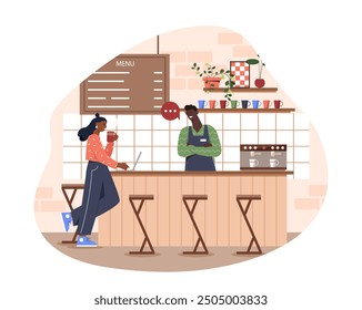 Barista man at workplace. Young guy in uniform takes girls order. Catering service worker prepares hot drinks. People in coffee shop. Aroma and beverage. Flat vector illustration