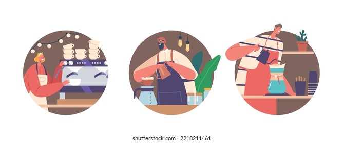 Barista Men and Woman Making Coffee Isolated Round Icons or Avatars. Friendly Characters Wear Apron Work in Cafe or Coffee Shop Cooking Fresh Aromatic Drink. Cartoon People Vector Illustration