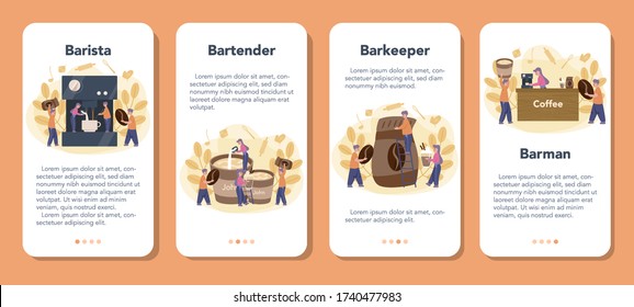 Barista mobile application banner set. Bartender making a cup of hot coffe. Energetic tasty beverage for breakfast with milk. Americano and cappuccino, espresso and mocha. Vector illustration