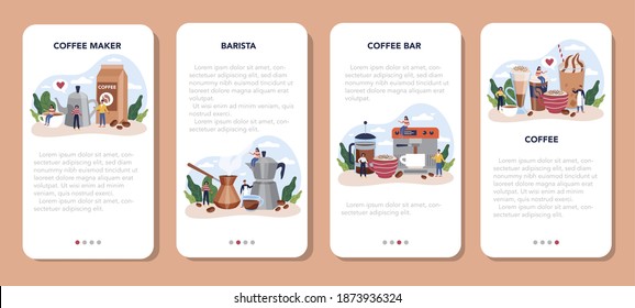 Barista mobile application banner set. Bartender making a cup of hot coffe. Energetic tasty beverage for breakfast with milk. Americano and cappuccino, espresso and mocha. Vector flat illustration