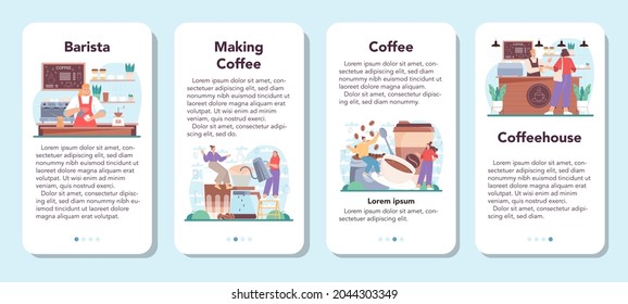 Barista mobile application banner set. Bartender making a cup of hot coffe. Coffeehouse worker making tasty beverage with milk. Americano and cappuccino, espresso and mocha. Flat vector illustration