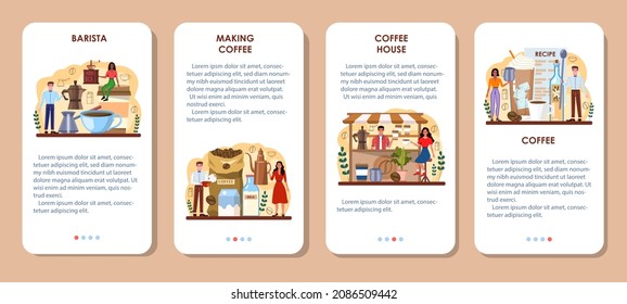 Barista mobile application banner set. Bartender making a cup of hot coffee. Coffeehouse worker making energetic tasty beverage with milk. Flat vector illustration