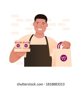 Barista. Modern Flat Take Away Concept. Young Smiling Man Wearing Apron Holding Hot Beverage To Go Cups in Carton Box and Paper package with sticker. Brick wall background. Pastel colors.
