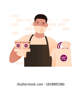 Barista. Modern Flat Take Away Concept. Young Man in Mask and Gloves Wearing Apron Holding Hot Beverage To Go Cups in Carton Box and Paper package with sticker. Brick wall background. Pastel colors.