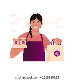 Barista. Modern Flat Take Away Concept. Young Smiling Female Wearing Apron Holding Hot Beverage To Go Cups in Carton Box and Paper package with sticker. Brick wall background. Pastel colors.