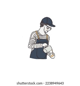 barista - modern flat vector concept illustration of a young man wearing apron pouring whipped milk into the coffee mug, coffee maker, elements