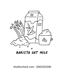 Barista oat milk. Concept vector illustration of plant-based drink in carton box, cerial, grains and creamy oat milk latte. Hand-drawn flat style. 