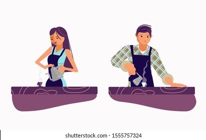 Barista in offee house. Young male and female character wearing apron pouring whipped hot beverage into the mug. Flat Art Vector illustration