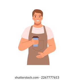 Barista offering cup of coffee to go. Street or kiosk seller with tasty beverage with caffeine, market or cafe. Flat cartoon character, vector illustration