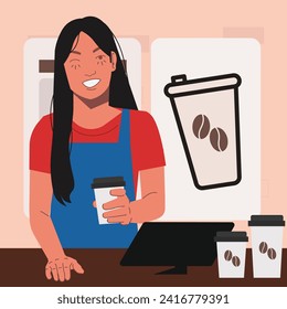 barista offers coffee at counter in flat illustration