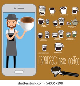barista on application smart phone with coffee cup on the screen. Order drink concept. Flat vector illustration.