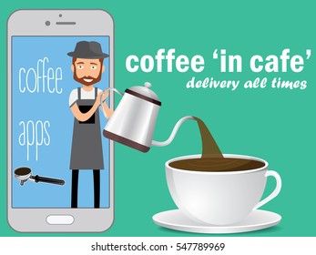 barista on application smart phone with coffee pot on the screen. Pour the coffee into a cup to order concept. Flat vector illustration.