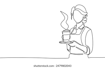 Barista one line continuous. Waitress with coffee line art. Hand drawn vector art.