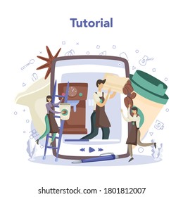 Barista online service or platform. Bartender making a cup of hot coffe. Energetic tasty beverage. Vdeo tutorial. Vector illustration