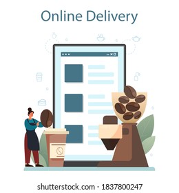 Barista online service or platform. Bartender making a cup of hot coffe. Energetic tasty beverage. Online delivery. Vector illustration in cartoon style