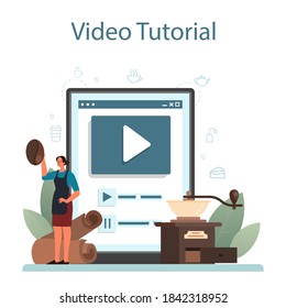 Barista online service or platform. Bartender making a cup of hot coffe. Energetic tasty beverage. Video tutorial. Vector illustration in cartoon style