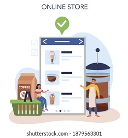 Barista online service or platform. Bartender making a cup of hot coffe. Energetic tasty beverage for breakfast with milk. Online store. Vector flat illustration